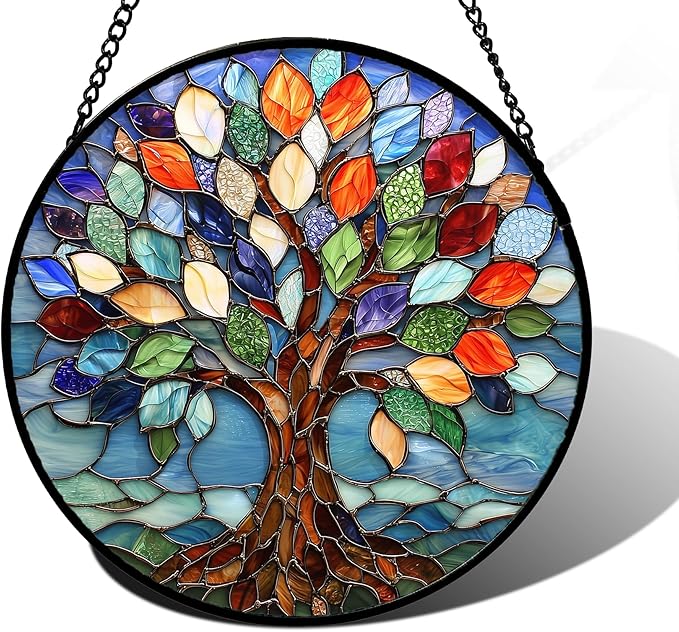 Stained Glass Window Hanging, Colorful Tree of Life Sun Catchers Glass Panel Blue Suncatcher Decor for Birthday for Women, Men, Wife, Aunt, and Mom 6.3 in