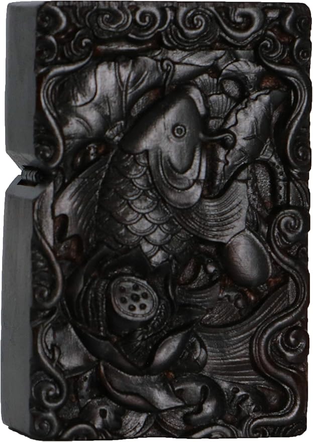Natural Ebony Black Wood Carved Lighter Shell Box For Zippo Module (Lotus Fish)