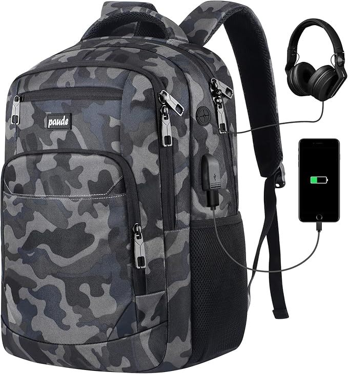 Paude Backpack for Men,College Backpack School Bookbag for Teens,Laptop Bookbag with USB Port and Headphone Hole