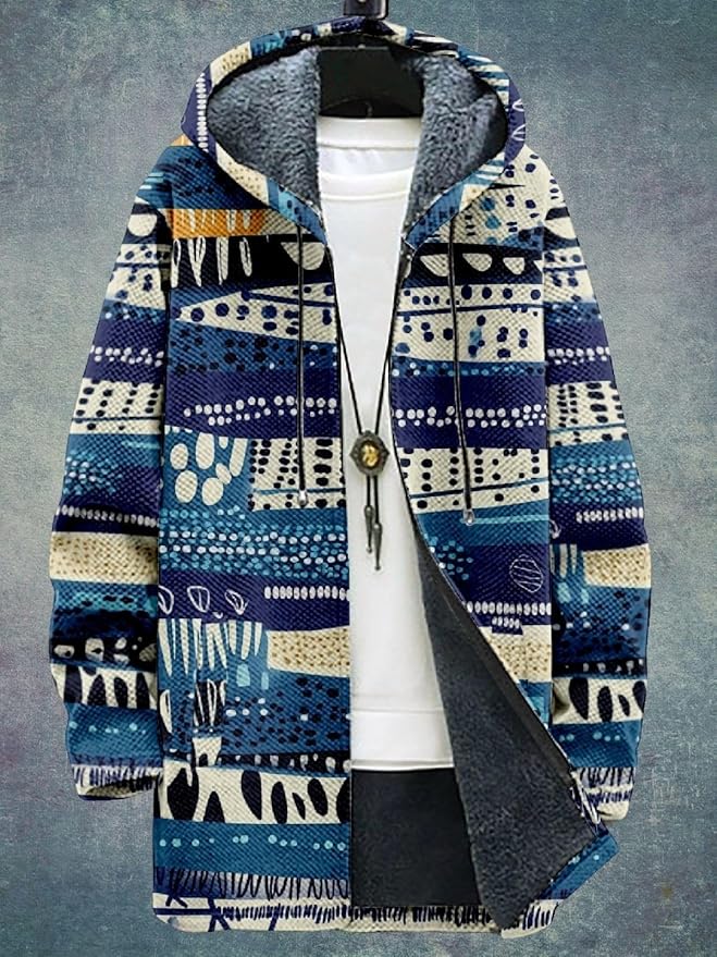 2025 Men's Ethnic Pattern Hooded Jacket Long Cardigan Hoodies Full Zip Vintage Knitted Zipper Coat with Pocket