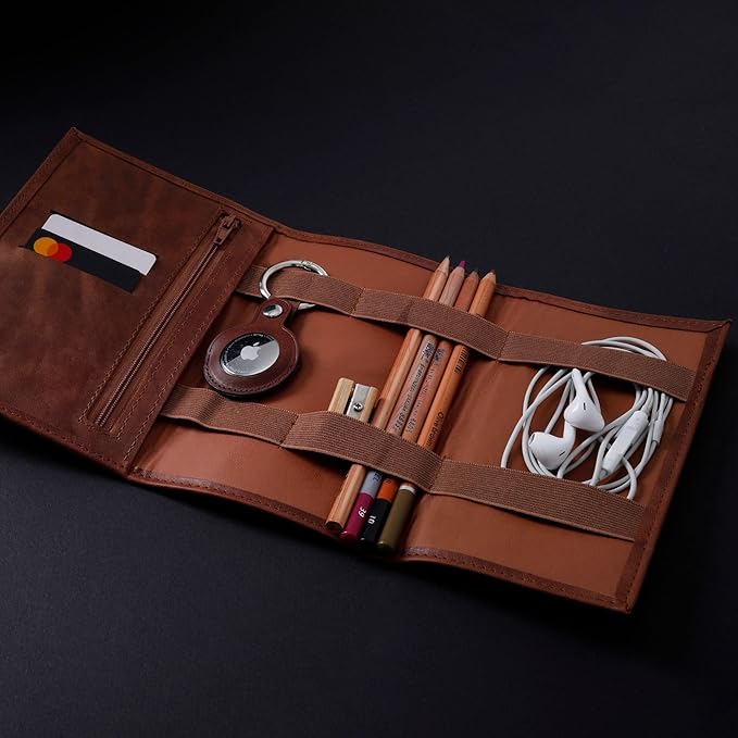 HARDISTON Custom Leather Electronic Organizer Roll – Personalized Cord Pouch for Travel Tech Accessories, USB Cables, Charger, Passport, SD Cards – Handmade Gift for All