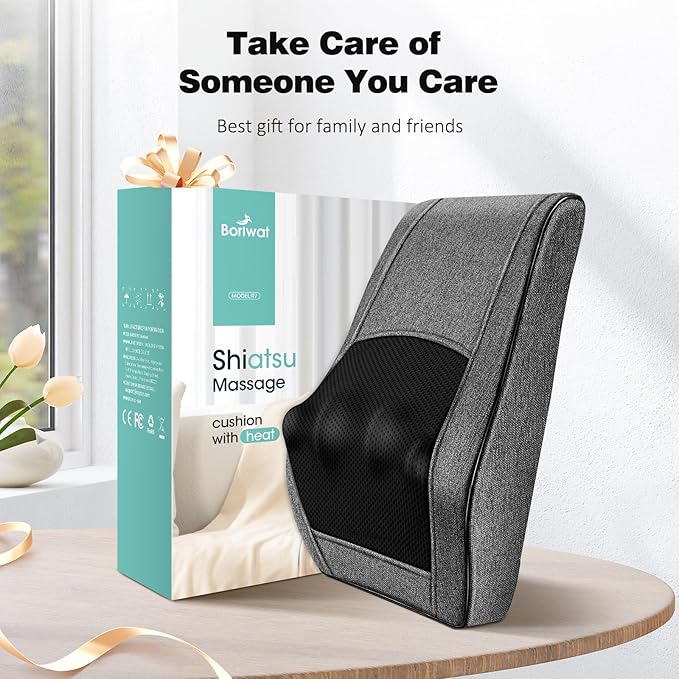 Boriwat Back Massager with Heat, Neck Massager for Pain Relief Deep Tissue, 3D Kneading Massage Pillow for Back, Neck, Shoulder, Legs, Gifts for Women Men Mom Dad