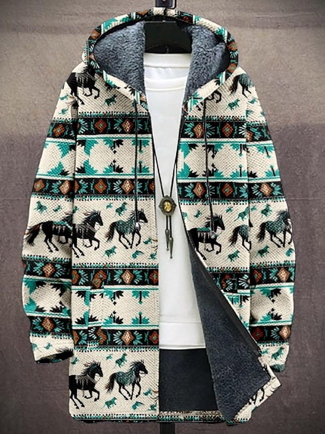 2025 Men's Ethnic Pattern Hooded Jacket Long Cardigan Hoodies Full Zip Vintage Knitted Zipper Coat with Pocket