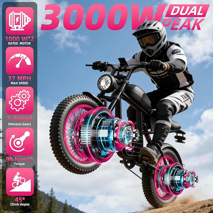Electric Bike for Adults FX20, 3000/1500W, 37/35MPH Fast E-Bike, 48V 25Ah/18.9Ah Battery, 40-80 Miles Long Range Electric Motorcycle, 20" Fat Tire Dirt Bike, UL 2849 GCC All Terrain Mountain Snow
