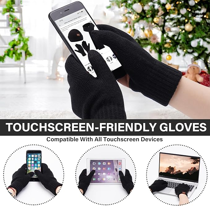 FZ FANTASTIC ZONE Mens Winter Knit Hat Beanie Long Neck Scarf Touchscreen Gloves Set Fleece Skull Caps Gifts for Men Women