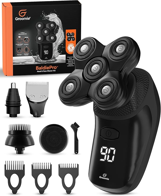 Groomie Cordless Bald Head Shavers for Men, BaldiePro Head Grooming Kit - Ergonomic & Waterproof Head Shavers for Bald Men - Electric Hair Shaver & Head Razor - Men's Rotary Shaver for Smooth Shave