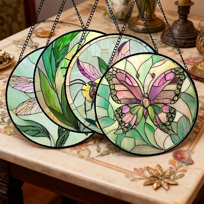 Stained Glass Window Hanging 4 Pcs Set Pink Green Insect Theme 7.8" - Butterfly Suncatcher Door Garden Sun Catcher Decor Birthday Christmas for Mom Woman Nana Men