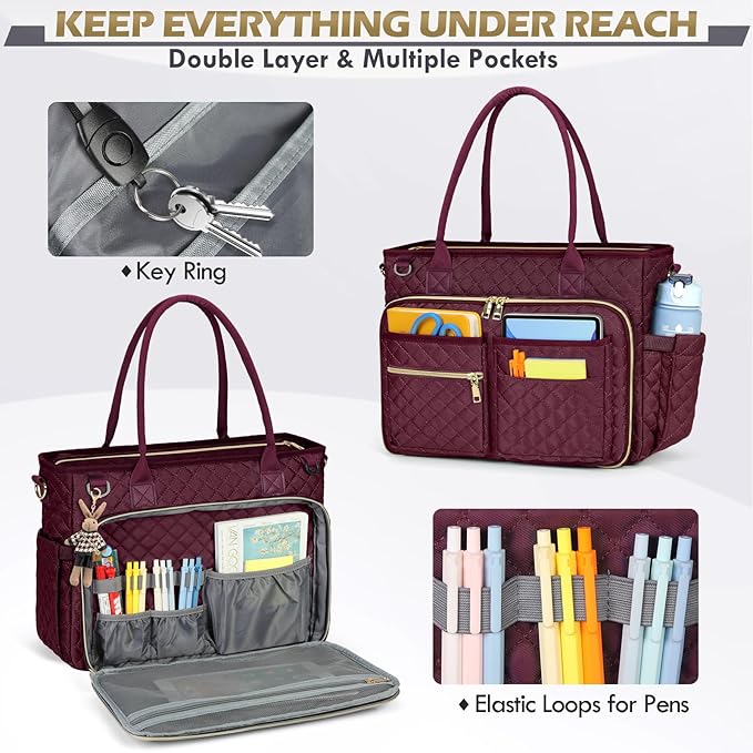 RAINSMORE Teacher Tote Bag 15.6 inch Laptop Bag for Women Work Bags Laptop Tote Nurse Bag Professional Computer Messenger with Insulated Pocket, Laptop Briefcase for Office, College, Nursing, Wine