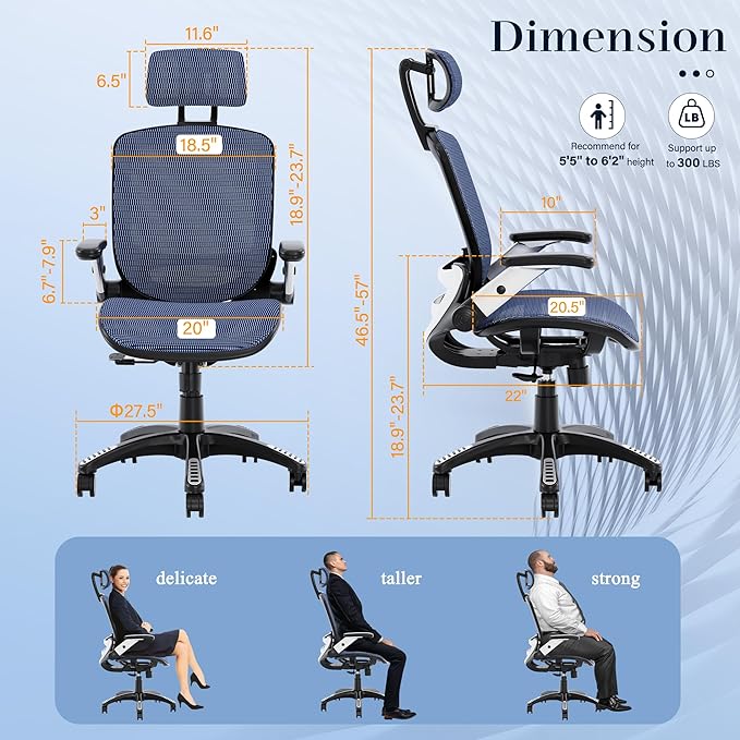 GABRYLLY Ergonomic Office Chair, High Back Mesh Desk Chair with Adjustable Headrest, Flip-Up Arms, 90-120° Tilt Lock, Lumbar Support and Comfy Seat, Swivel Computer Task Chair, Blue
