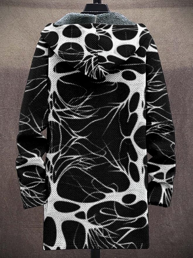 2025 Men's Ethnic Pattern Hooded Jacket Long Cardigan Hoodies Full Zip Vintage Knitted Zipper Coat with Pocket