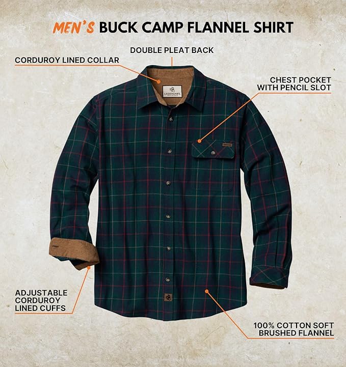 Legendary Whitetails Men's Flannel Shirt Long Sleeve Button Down 100% Cotton