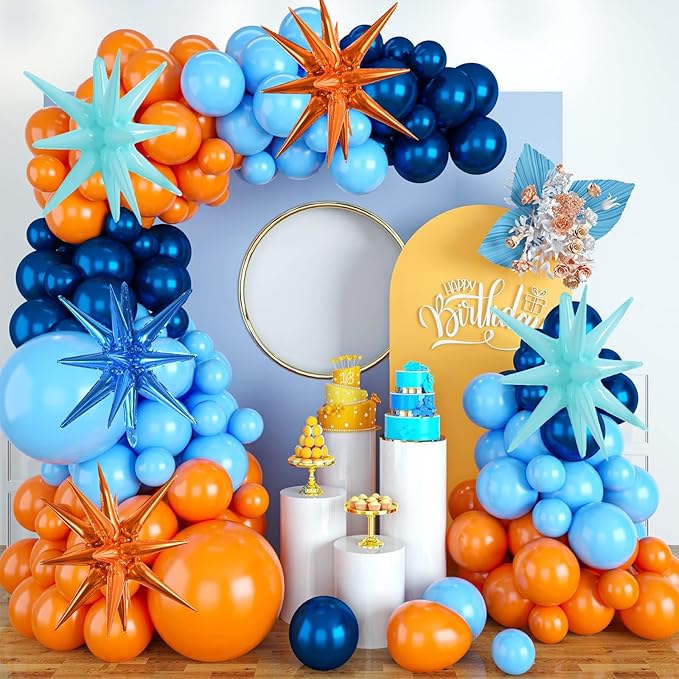 TONIFUL 8 Pcs Blue Orange Foil Balloons Large Star Balloons Explosion Star Mylar Balloons for Party Backdrop Christmas New Year Birthday Wedding Baby Shower Anniversary Photo Booth Supplies