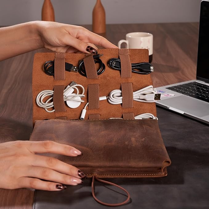 HARDISTON Custom Genuine Leather Electronic Cable Organizer Bag Handmade Travel Cord Organizer Roll Case for Hard Drives, Cables, Charger, Phone, USB, SD Card (Large - Brown)