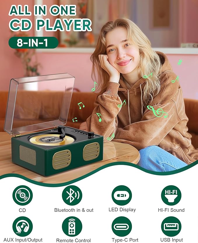 CD Player with Built-in Speaker Portable CD Players with Bluetooth Output/Input USB Playback Headphone Jack with Remote Control, LED Screen Rechargeable Small CD Player Green