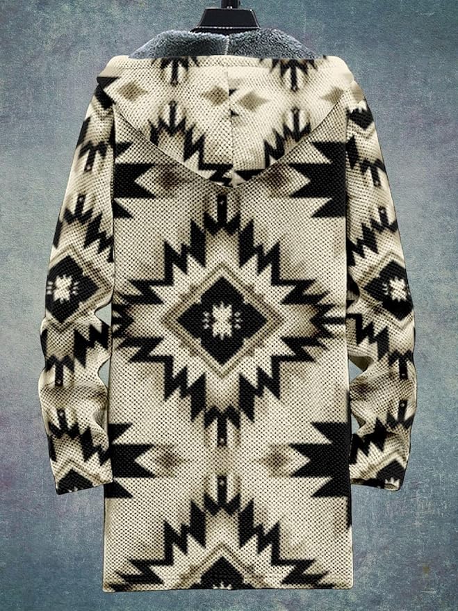 2025 Men's Ethnic Pattern Hooded Jacket Long Cardigan Hoodies Full Zip Vintage Knitted Zipper Coat with Pocket