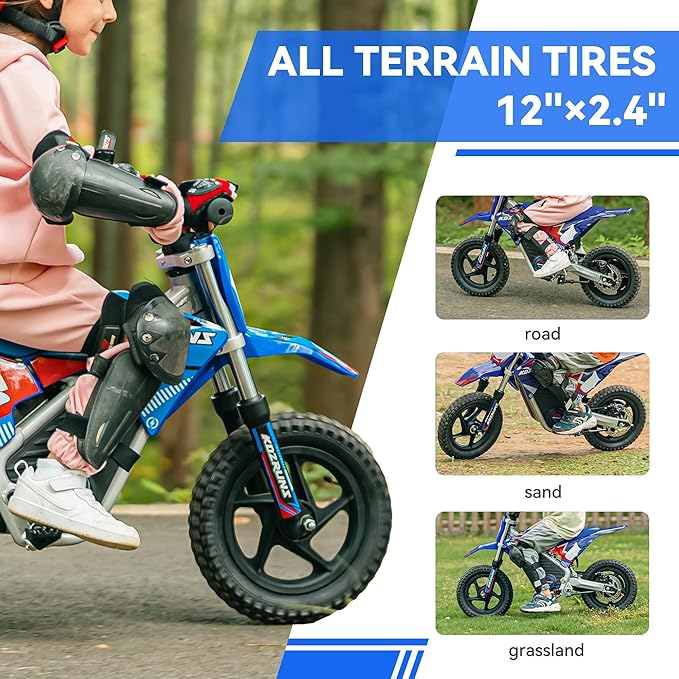 Racing Grade Electric Dirt Bike for Kids, Peak 400W Powerful Motorcycle for Ages 3-6, 36V 5.2Ah Lithium Battery, Dual Shock Absorption, 3 Speed Modes, Safe Disc Brake, 12Inch Off Road Tires, Blue