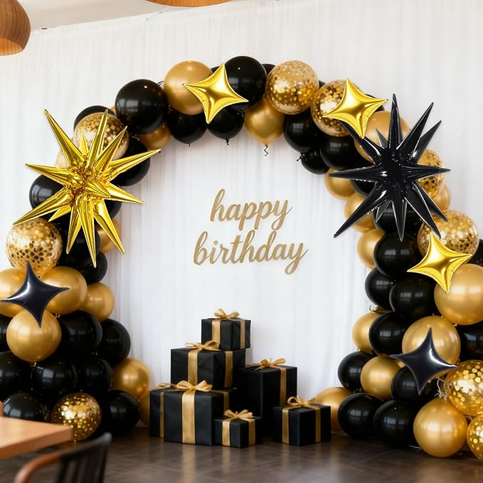 TONIFUL 22Inch 18Pcs Black Gold Large Explosion Star Mylar Balloons and 10Inch Four Pointed Star Balloons Set for Christmas New Year Birthday Wedding Baby Shower Anniversary Photo Booth Supplies