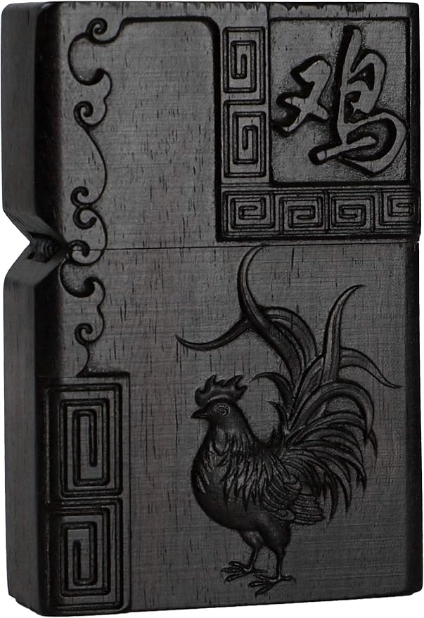 Natural Ebony Black Wood Carved Lighter Shell Box For Zippo Module (Zodiac Rooster)