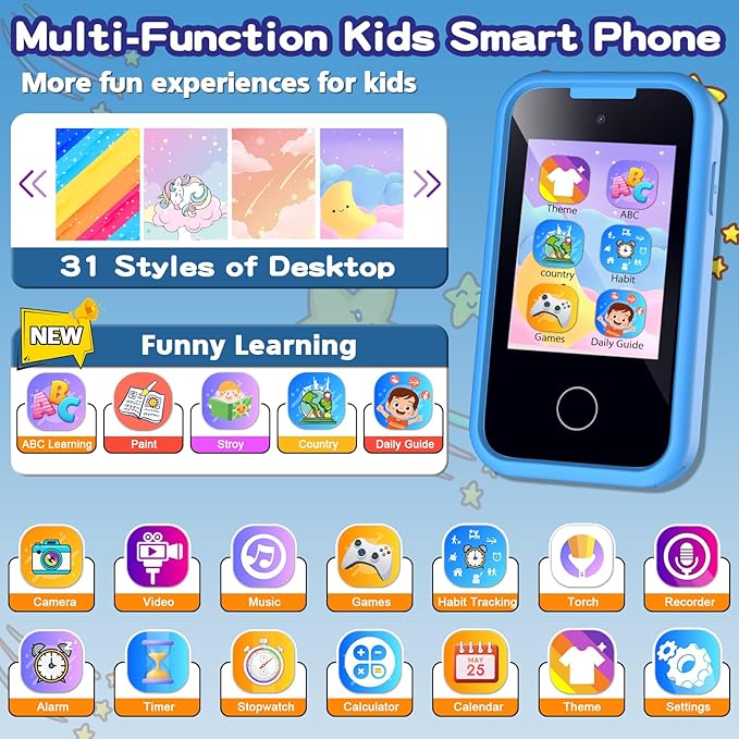 Kids Phone Toys for Boys, 3 4 5 6 7 8 Year Old Boys Girls Christmas Birthday Gifts for Kids, 2.8" Touchscreen Smartphone Toddler Cell Phone, Children Play Toy Phone with Camera, Game, Music, 8GB Card