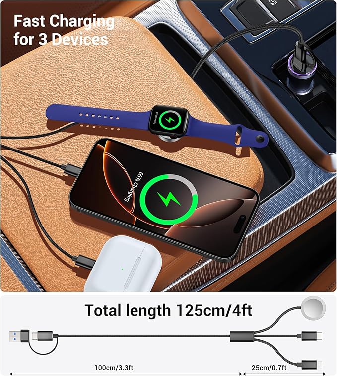 Temdan for Travel Vacation Essentials,3 in 2 USB C Cable for Apple Watch Charger/iPhone 17 Charger/Lightning,Multi Charging Cable Cord,Camping Essentials,Designed for iWatch &iPhone 16-12-4FT Black