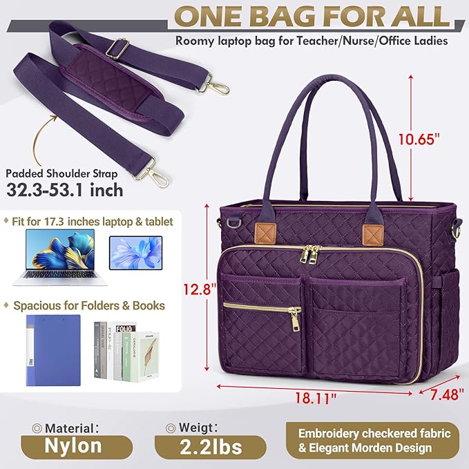 RAINSMORE Teacher Tote Bag 17.3 inch Laptop Bag for Women Work Bags Laptop Tote Nurse Bag Professional Computer Messenger with Insulated Pocket, Laptop Briefcase for Office, College, Dark Purple