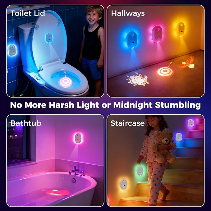Toilet Night Light Motion Sensor, Motion Activated Night Light 13 Color Changing 4 Projection Patterns, Rechargeable Toilet Bowl Light for Bathroom Accessories Decor Men Women Kid Gifts,Hallway Stairs