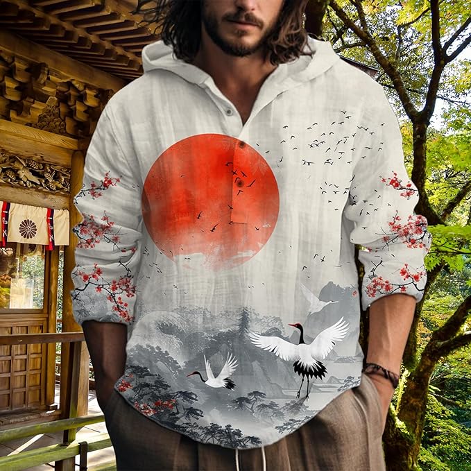 MARSVOVO Hooded Long Sleeve Shirt Men Fashion Graphic Button Up Lightweight Big and Tall Casual Vacation Shirts for Men
