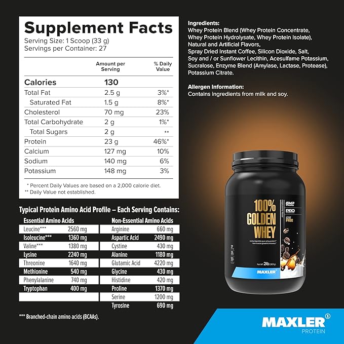 Maxler 100% Golden Whey Protein - 23g of Protein per Serving - Whey Protein Powder for Pre Post Workout - Fast-Absorbing Whey Concentrate, Isolate & Hydrolysate Blend - Cappuccino 2 lb