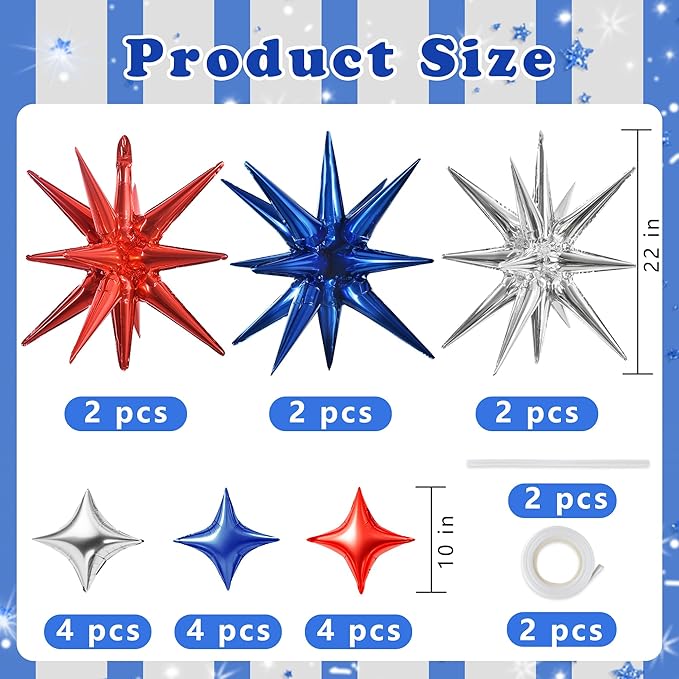 TONIFUL 18Pcs 22Inch Red Blue Silver Explosion Star Mylar Balloons and 10Inch Four Pointed Star Balloons Set for Christmas New Year Birthday Wedding Independence Day Anniversary Photo Booth Supplies