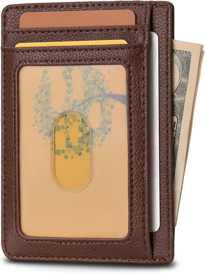 Buffway Slim Minimalist Front Pocket RFID Blocking Leather Wallets for Men and Women - Lichee Coffee