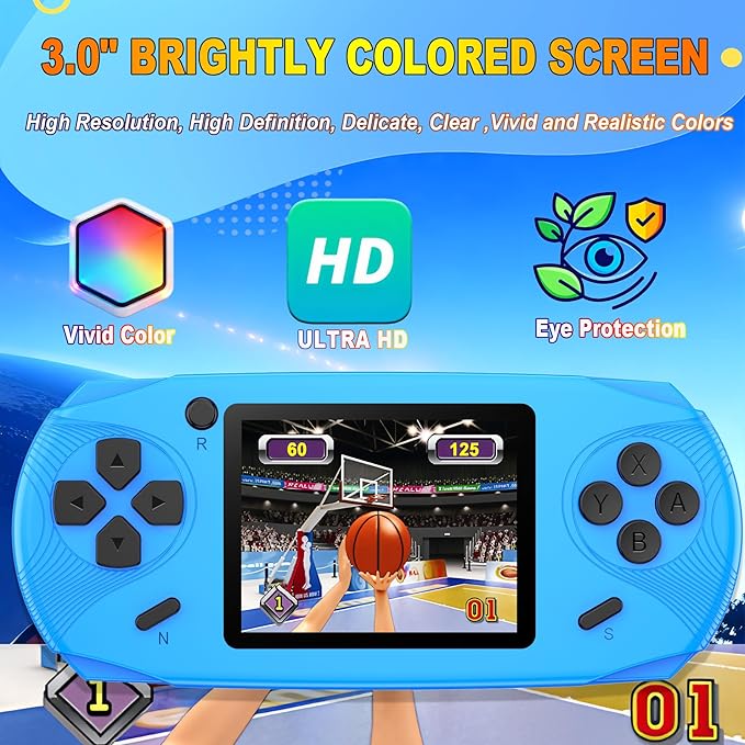 16 Bit Handheld Games for Kids Adults 3.0'' Large Screen Preloaded 100 HD Classic Retro Video Games USB Rechargeable Seniors Electronic Game Player Birthday Xmas Present (Blue)