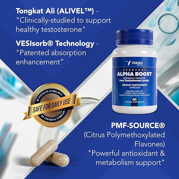 Alpha Boost – Natural Free Testosterone Support, Energy, Stamina, Endurance & Vitality for Men & Women, Multivitamin for Healthy Aging & Performance & Utilizes VESIsorb® (60 Ct)