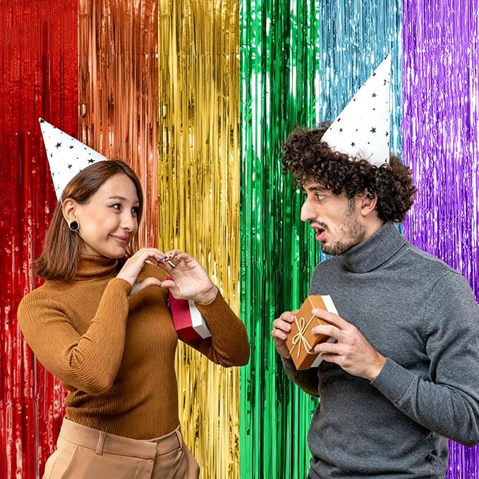 5 Pack Rainbow Backdrop Party Decorations Tinsel Curtain Party Streamer Foil Fringe Birthday Decorations Photo Booth Colorful Theme First Day of School Engagement Baby Shower Decor