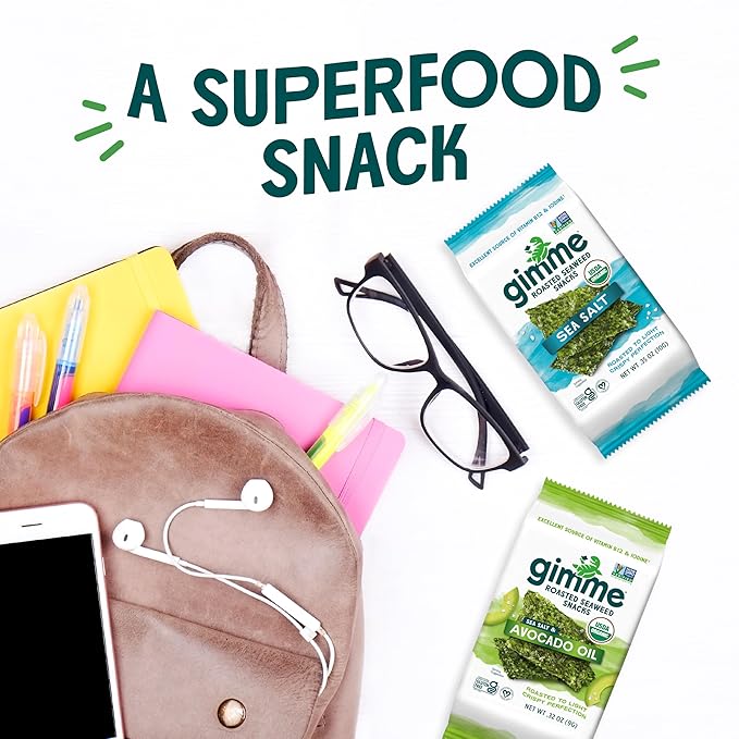 Gimme Seaweed Organic Premium Roasted Seaweed Snacks, Sea Salt & Avocado Oil, 20 Count, Keto, Vegan, Gluten-Free, Great Source of Omega3s and Iodine, Healthy On-The-Go Snack for Kids and Adults