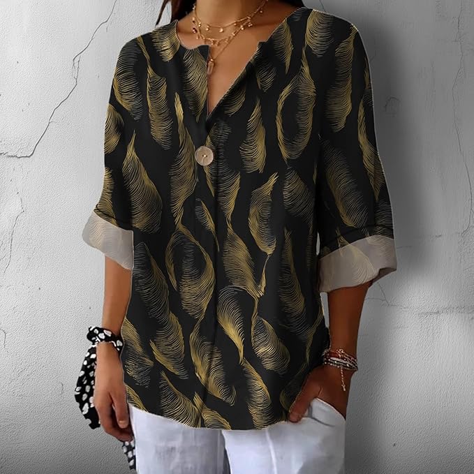 Fashion Shirts for Women Loose Fit Button Down V Neck Blouse 3/4 Sleeves Casual Tunic Tops Summer Outfits