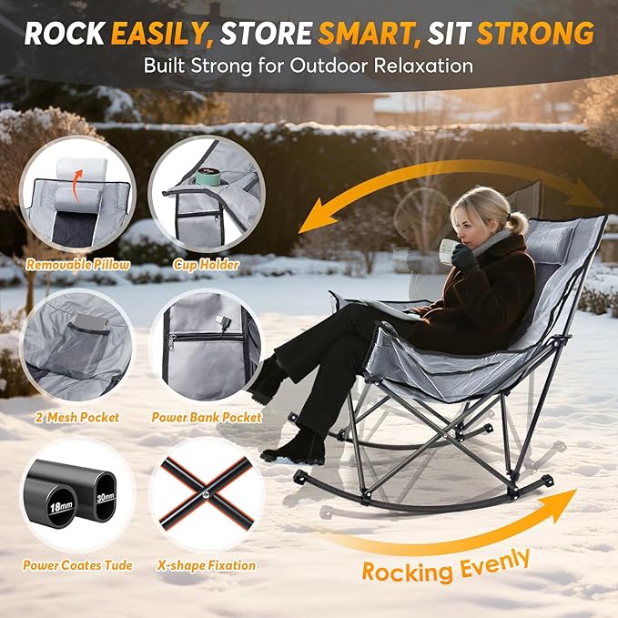 Suteck Heated Rocking Camping Chair, XL Oversized Rocking Chair Outdoor with 3 Heat Levels for Back and Seat, Heated Chairs Outdoor Sports for Patio Lawn Picnic Travel, Battery(Not Included)