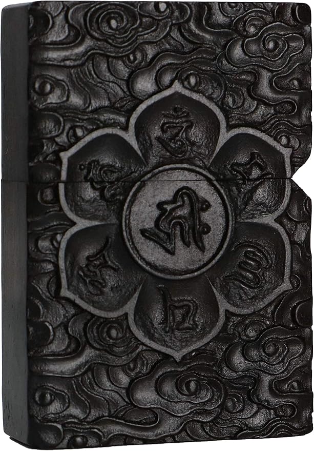 Natural Ebony Black Wood Carved Lighter Shell Box For Zippo Module (Protector Deity /1000 Arms Avalokiteshvara of Goddess)