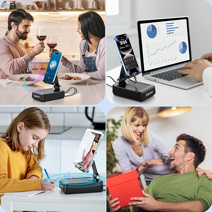 Gifts for Men Women, Charging Phone Stand with Cables and Bluetooth Speaker, 360° Rotatable Angle Cell Phone Holder with HD Stereo Sound Fits Phones,Tablet (Black)