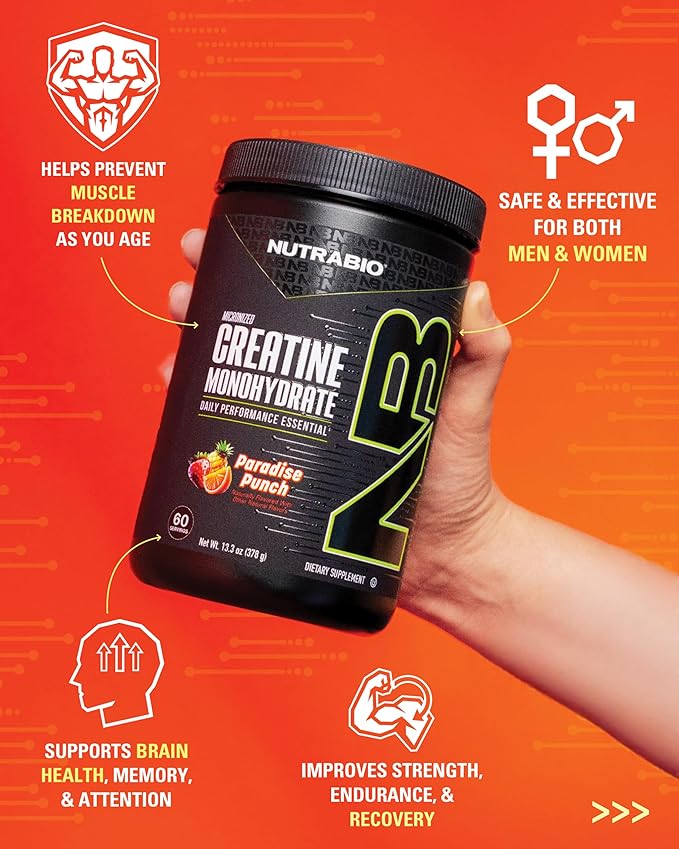 NutraBio Pure Micronized Creatine Monohydrate Powder Supplement,Paradise Punch,(300g)-Supports Bulk Muscle Energy, Recovery, and Strength-HPLC Tested Creatine Powder Supplement for Men and Women