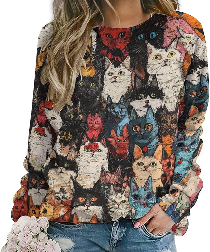 Fall Sweaters for Women 2024 Cat Print Long Sleeve Casual Crewneck Warm Fall Pullover Comfy Fashion Sweatshirts