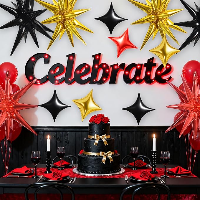 TONIFUL 22Inch 18Pcs Black Gold Red Explosion Star Mylar Balloons and 10Inch Four Pointed Star Balloons Set for Christmas New Year Birthday Wedding Bridal Shower Anniversary Photo Booth Supplies