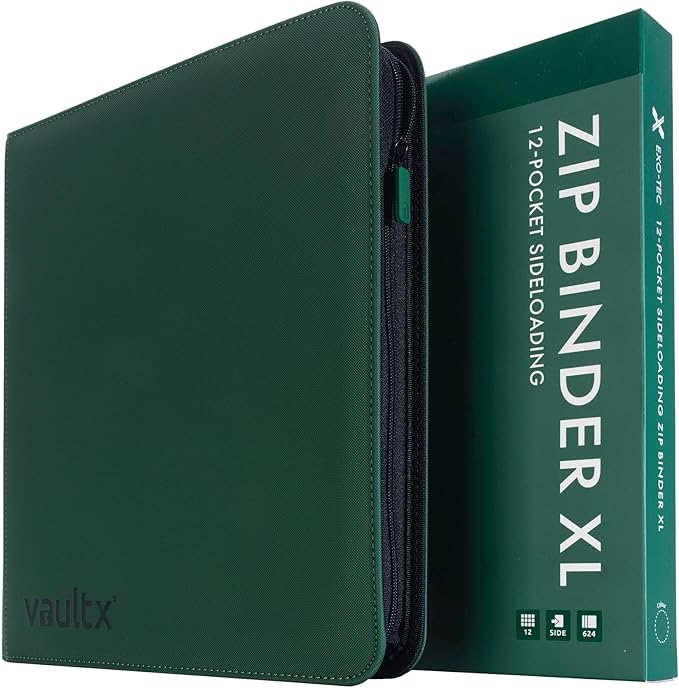 Vault X 12 XL Pocket Trading Card Zip Binder - 624 cards, Premium Exo-Tec Album Material, 26 Side-Loading Pages, Folder for Collectible Card Games, Sports, TCG (Green)