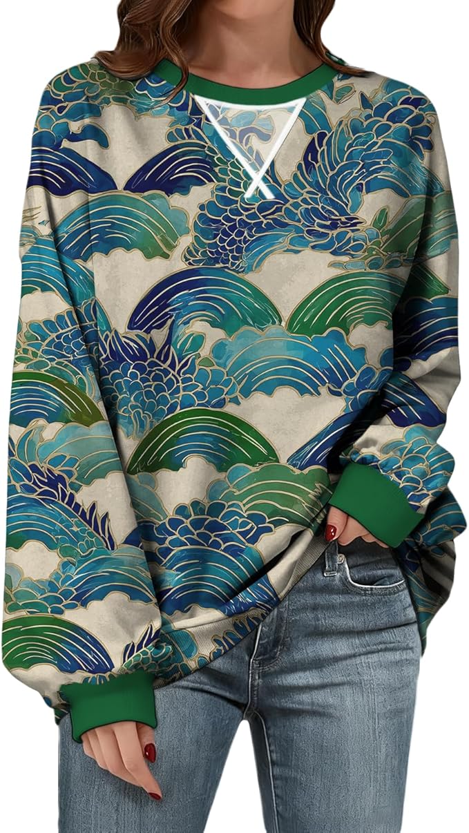 Womens Sweatshirts Fahsion Floral Print Long Sleeve Comfy Fall Tops Oversized Casual Crewneck Pullover Shirts