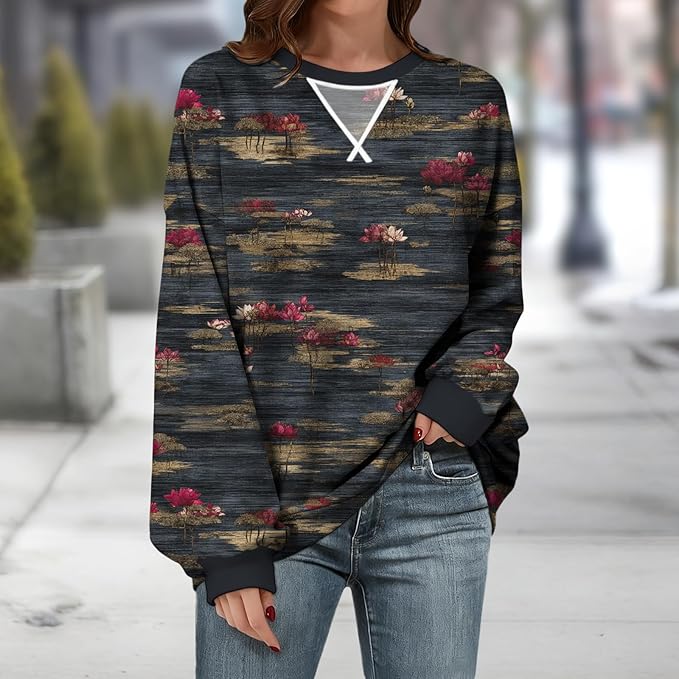 Womens Sweatshirts Fahsion Floral Print Long Sleeve Comfy Fall Tops Oversized Casual Crewneck Pullover Shirts