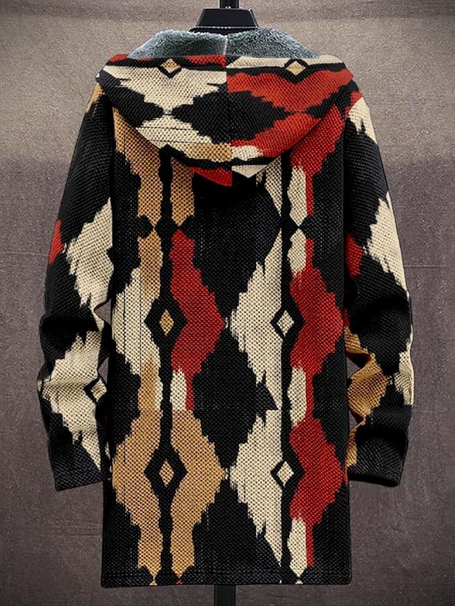 2025 Men's Ethnic Pattern Hooded Jacket Long Cardigan Hoodies Full Zip Vintage Knitted Zipper Coat with Pocket