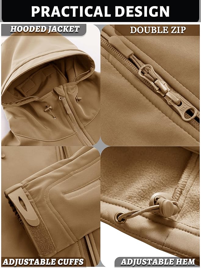 TACVASEN Men's Special Ops Military Tactical Soft Shell Winter Warm Fleece Lined Jacket Rain Hood Coat Hiking Snowboard