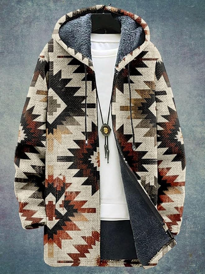 2025 Men's Ethnic Pattern Hooded Jacket Long Cardigan Hoodies Full Zip Vintage Knitted Zipper Coat with Pocket
