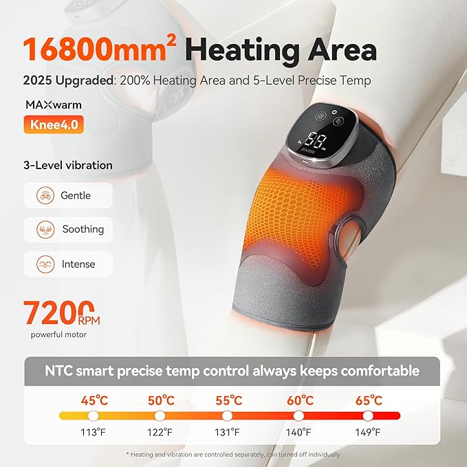 Knee Massager with Heat Vibration for Pain Relief MAXwarm 5.0-Heated Knee Brace with 5 Heat Levels and 4-Zone Massage, X-Warm Temperature Lock Tech, Gifts for Men Women(Grey, 1-Pack)