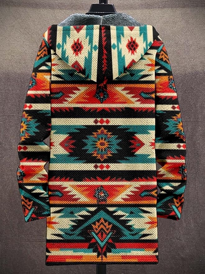 2025 Men's Ethnic Pattern Hooded Jacket Long Cardigan Hoodies Full Zip Vintage Knitted Zipper Coat with Pocket