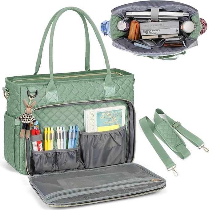 RAINSMORE Teacher Tote Bag 15.6 inch Laptop Bag for Women Work Bags Laptop Tote Nurse Bag Professional Computer Messenger with Insulated Pocket, Laptop Briefcase for Office, College, Mint Green